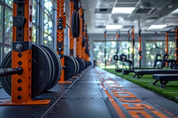 The image showcases a vibrant gym scene with orange squat racks aligned and ready for use, reflecting fitness lifestyle