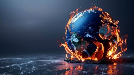 Detailed image of a globe with dramatic flames, captured in close-up on a subdued gray backdrop with space for editorial content