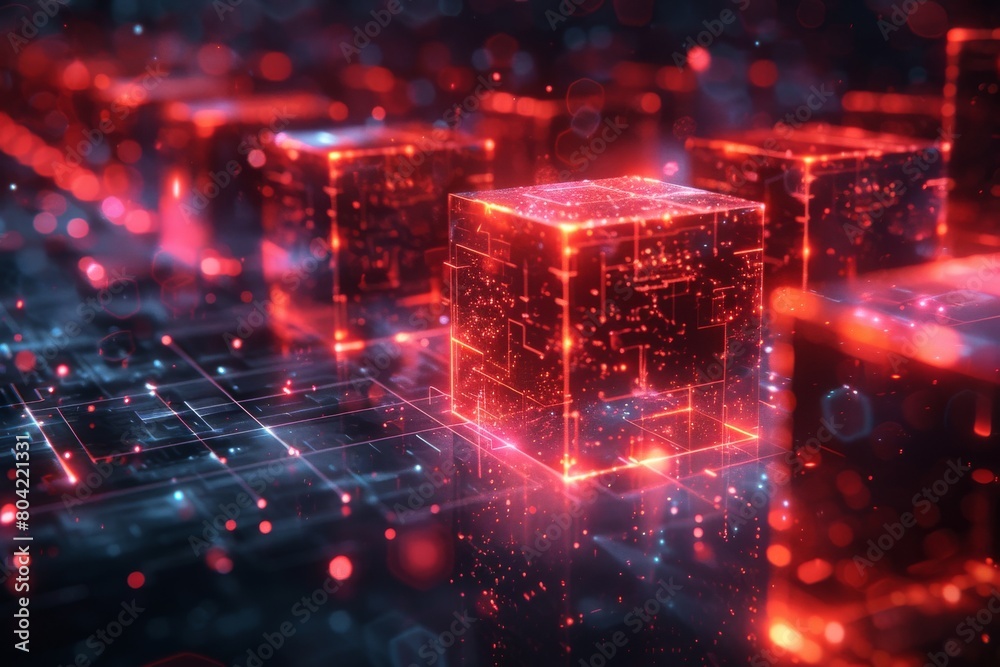 Poster glowing red cubes with a digital, circuit-like structure floating above a futuristic grid represents