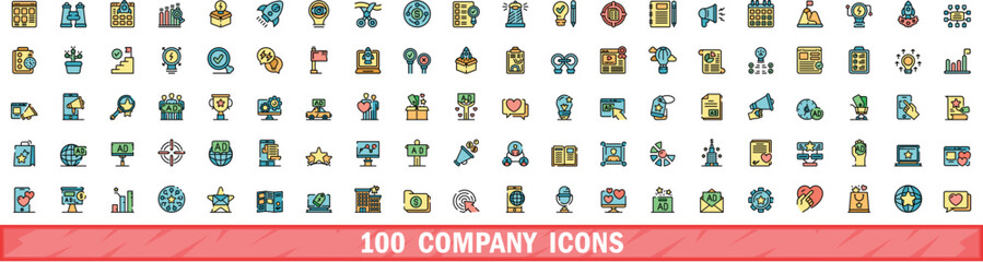 100 company icons set. Color line set of company vector icons thin line color flat on white