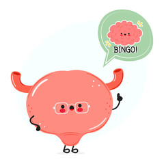 Bladder with speech bubble and brain character. Vector hand drawn cartoon kawaii character illustration. Isolated white background. Bladder poster and brain