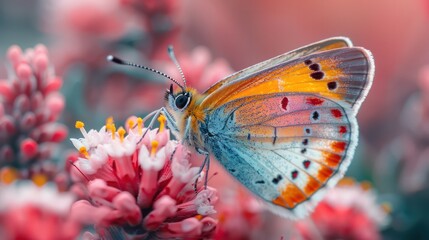Macro shot of a colorful butterfly perched delicately on a wildflower, showcasing the fine details...