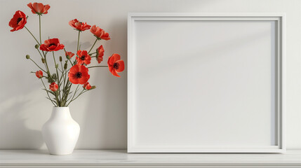 Mockup of white empty frame along with vase of red poppies flowers against white wall in minimalist style room 