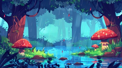 A forest landscape with a lake and falling raindrops. Falling raindrops in river water background. Springtime for outdoor adventure design. Wooden park with mushrooms.