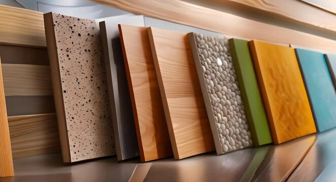 Selecting Interior Material Samples: Concrete, Wood, Stone, Fabric, and Vinyl. Concept Concrete, Wood, Stone, Fabric, Vinyl