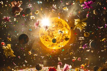 Confetti planets revolve around a colossal confetti sun. - Powered by Adobe