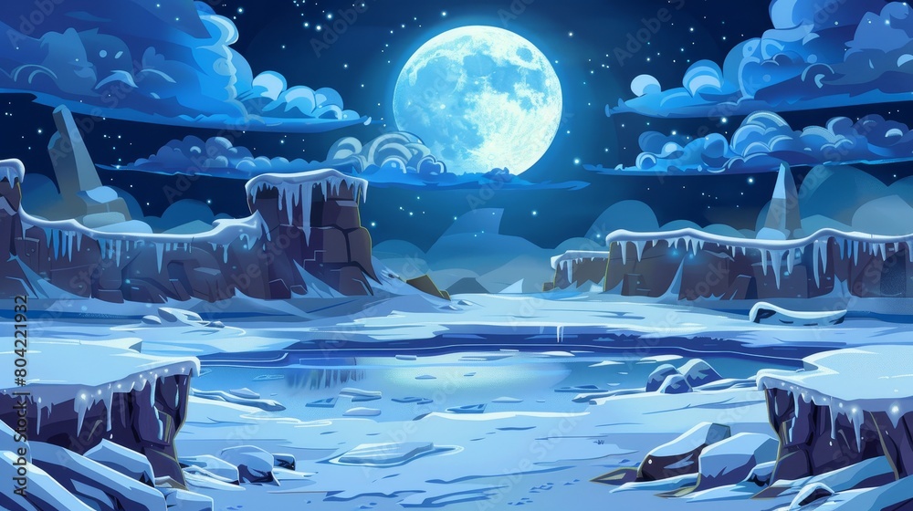 Wall mural night north pole modern landscape with full moon. cartoon dark arctic illustration with cloud and fr