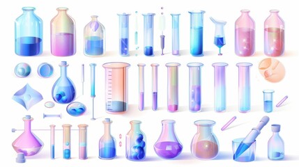 Detailed laboratory test equipment set with broken glass tubes. Chemical laboratory realistic funnel for science research modern objects. Medical experimental cylinder and measure container in 3D.