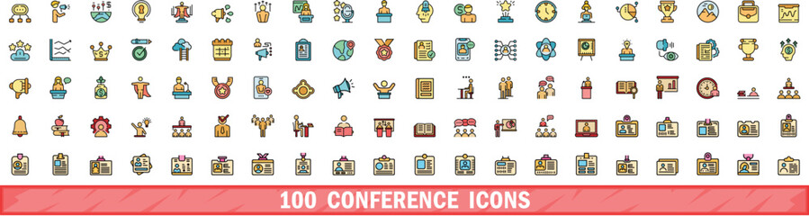 100 conference icons set. Color line set of conference vector icons thin line color flat on white