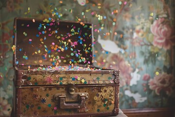 Confetti spills from a vintage valise overflowing with nostalgia.