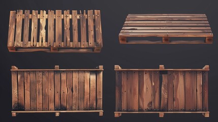 Wooden pallet for crate package isolated modern. Wood loading tray for warehouses or storage asset sets. Delivery board with realistic timber material texture render.