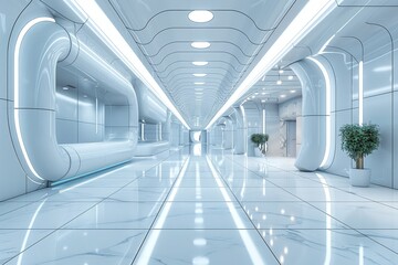 Obraz premium Contemporary and minimalist designed corridor with calming blue lighting effects, invoking technology and forward-thinking designs