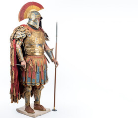 Obraz premium Ancient spartan trojan warrior in armor with weapons. White background, isolate. AI generated.