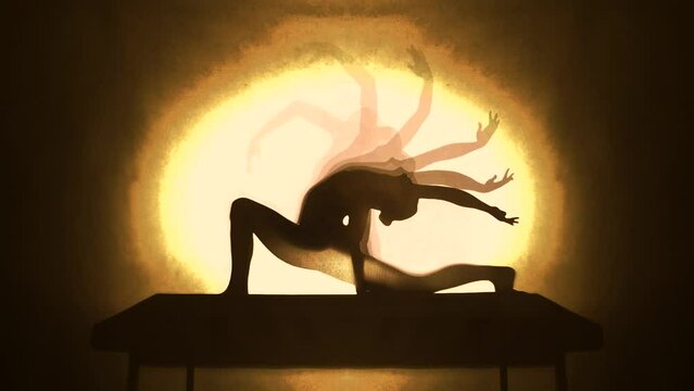 Silhouette of an acrobatic woman moving in front of theatre spotlight