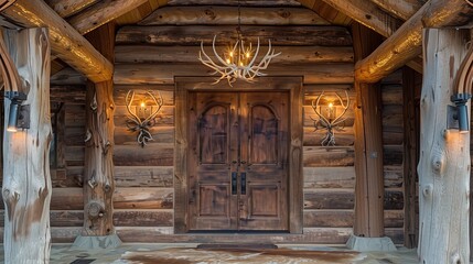 A luxury cabin entrance with a rustic log door and antler sconces