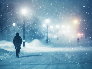 Solitary Walk Through Heavy Snowfall