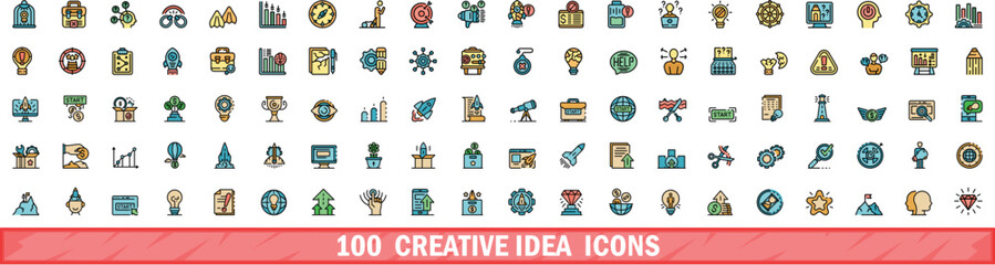100 creative idea icons set. Color line set of creative idea vector icons thin line color flat on white
