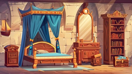 Interior of a royal bedroom with vintage furniture. Modern illustration of a medieval castle room decorated with a large wooden bed, a bookcase, a mirror on a stone wall, and a treasure chest.