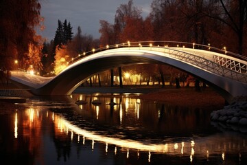 Fototapeta premium Drive through a city park with a lake and illuminated bridges.