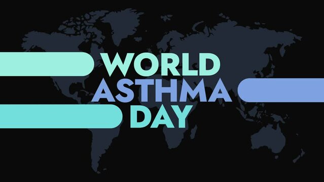 World Asthma Day colorful motion graphics seamlessly loopable text animation with world map on a black background great for celebrating world asthma day on 7 may