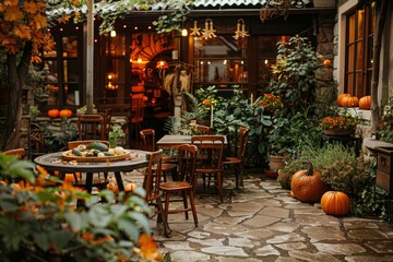 A highangle view of a cozy outdoor café patio adorned with pumpkins gourds and autumn decorations