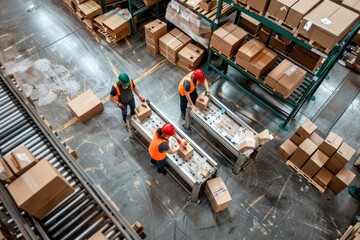 Diverse workers wearing orange vests are sorting and moving boxes in a warehouse setting