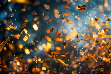 A high-angle view of a bunch of gold confetti flying through the air against a black backdrop, filling the frame