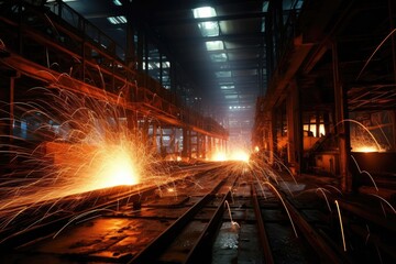 Industrial area with sparks flying and welding lights.