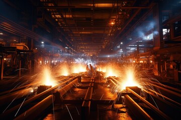 Industrial area with sparks flying and welding lights.