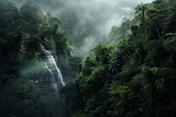 A waterfall cascading in the midst of a dense jungle with lush vegetation and towering trees