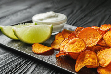 sweet potato chips on a dark wooden rustic background