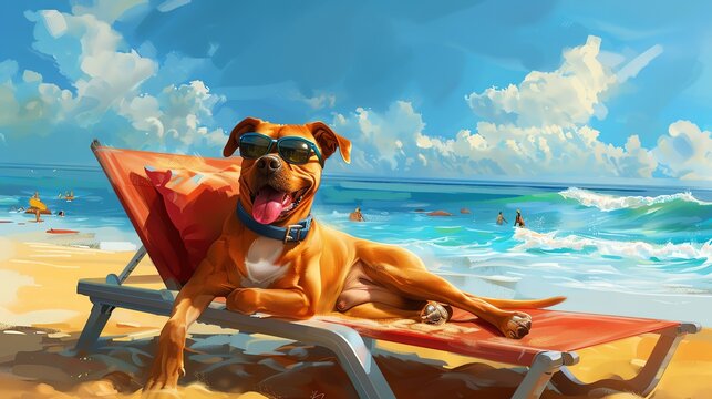 Capture the essence of relaxation with a happy Bandog in sunglasses lounging on a vibrant sun lounger by the sparkling sea beach Create a scene that radiates joy and tranquility wi