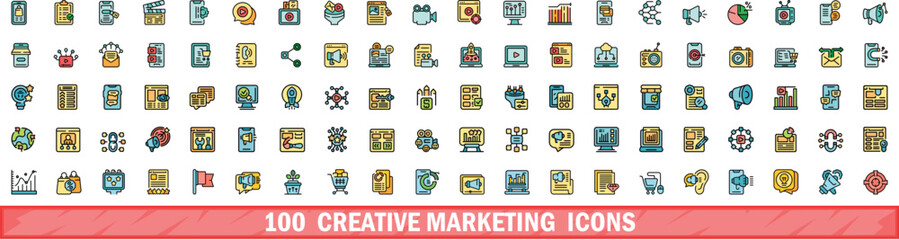 100 creative marketing icons set. Color line set of creative marketing vector icons thin line color flat on white