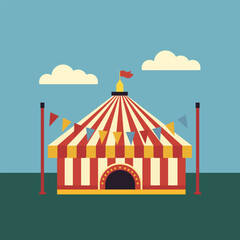 Circus dome in an open field , holiday flags, blue clear sky, white clouds. Isolated on a white background. Vector image