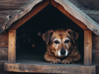 Senior Dog in Wooden Doghouse
