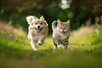 A cat and a dog joyfully running side by side in a grassy field