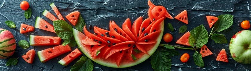An artistic display of watermelon slices forming the outline of an animal 8K , high-resolution, ultra HD,up32K HD