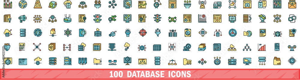 Poster 100 database icons set. color line set of database vector icons thin line color flat on white