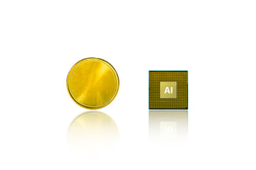Gold coin and AI artificial intelligence processor comparison on white background , Finance and technology concept