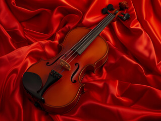 Elegant Violin on Red Silk Background