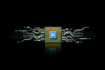 The computer processor for AI artificial intelligence machine learning and electronic circuit pattern on black background , AI artificial intelligence technology concept
