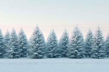A row of evergreen trees covered in fresh snow standing in a snowy field
