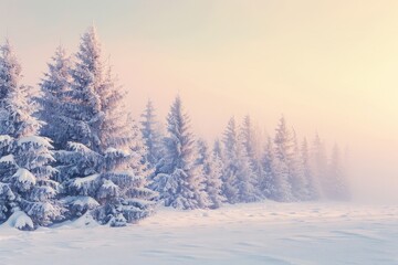 A winter scene showing a snowy landscape with trees covered in fresh snow, creating a picturesque winter wonderland