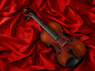 Elegant Violin on Luxurious Red Silk Fabric