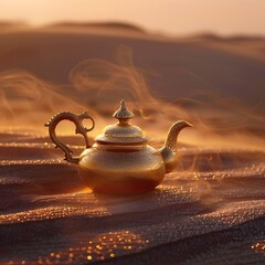 Ethereal Morning Tranquility Golden Teapot Amidst Dew Kissed Desert Sands Captures Dawn s Serene Embrace