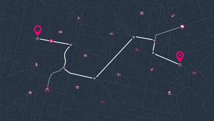 Location tracks dashboard. City street map with various POI. GPS tracking system to navigate and find way around the city landmarks, directions to different locations. Vector illustration