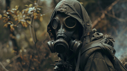 Mysterious Figure in Gas Mask and Hood in a Moody Forest