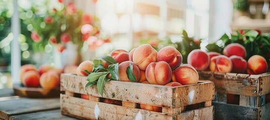 Sunlit orchard warehouse  fresh ripe peaches in wooden crates, embracing a summer fruit vibe