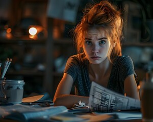 Fototapeta premium Hardworking Woman Under Moody Lighting Surrounded by Late Night Workspace Clutter