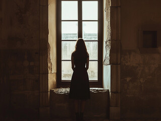 Silhouette of Woman Standing by an Old Window